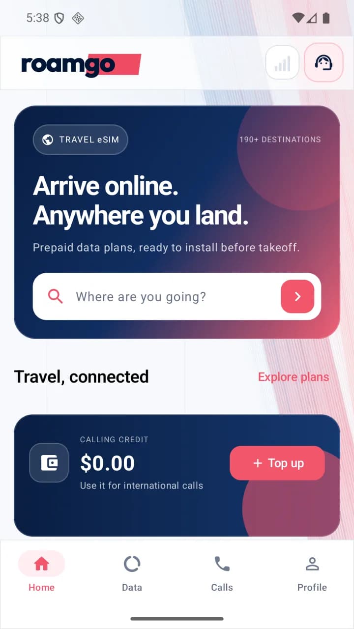The RoamGo Android app showing travel eSIM plans and calling credit