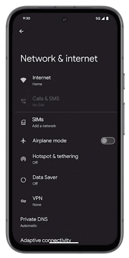 Apri Gestione SIM — Pixel Network & internet settings