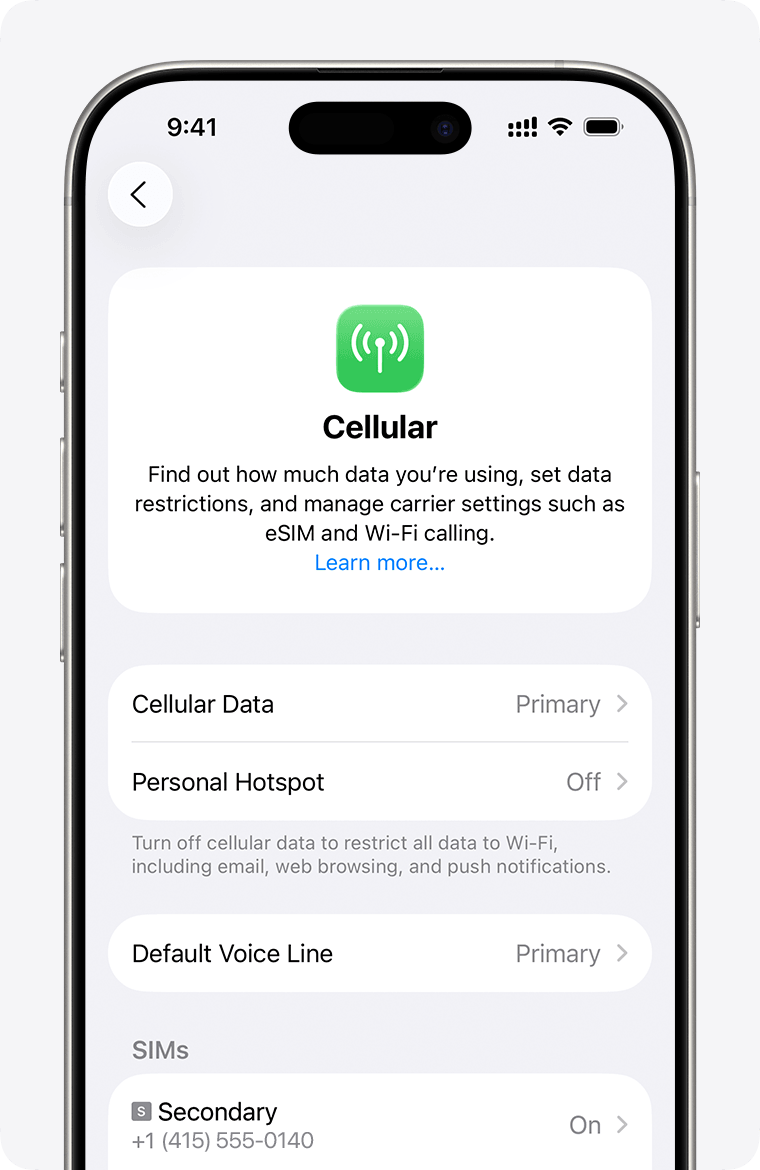 Apri Impostazioni, tocca Cellulare — iPhone Cellular settings