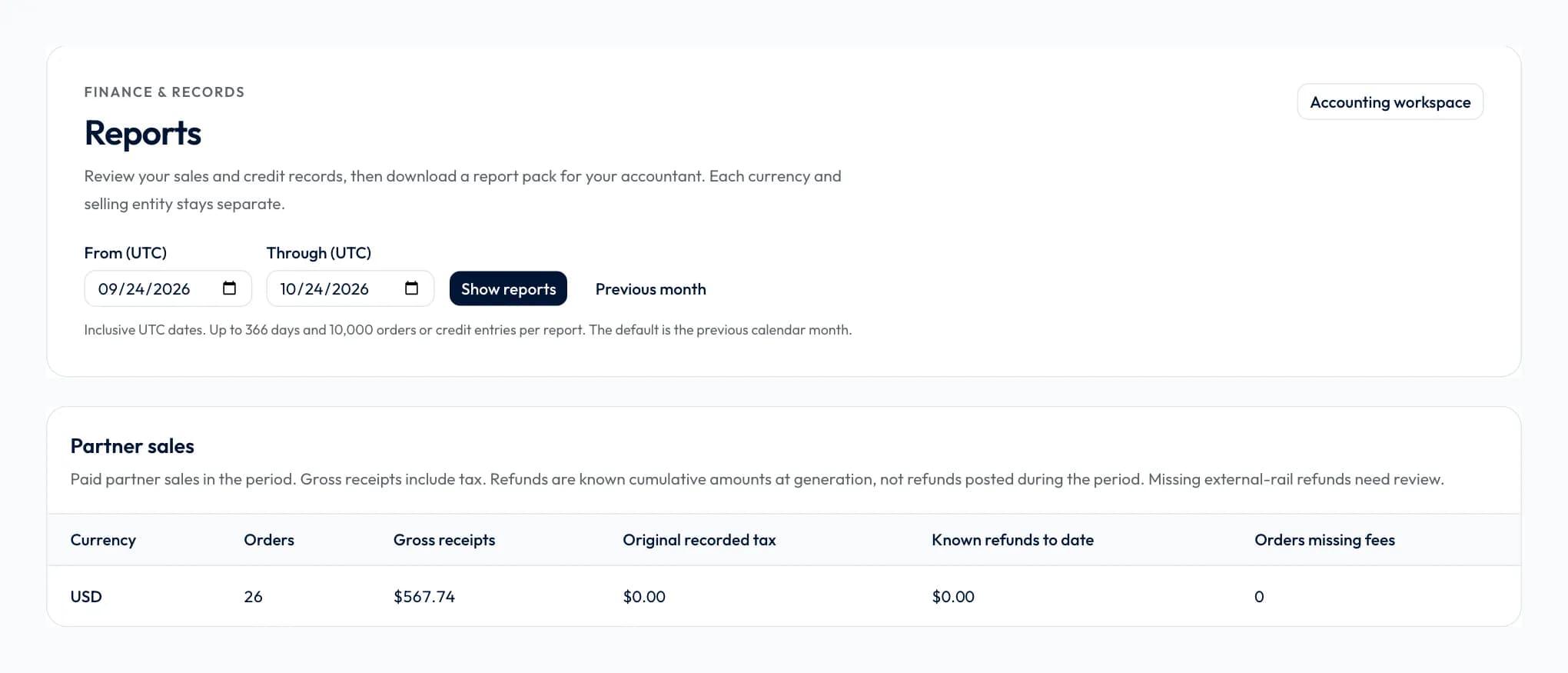 The Reports page with a date range and the period's partner sales: orders, gross receipts, tax and refunds in US dollars