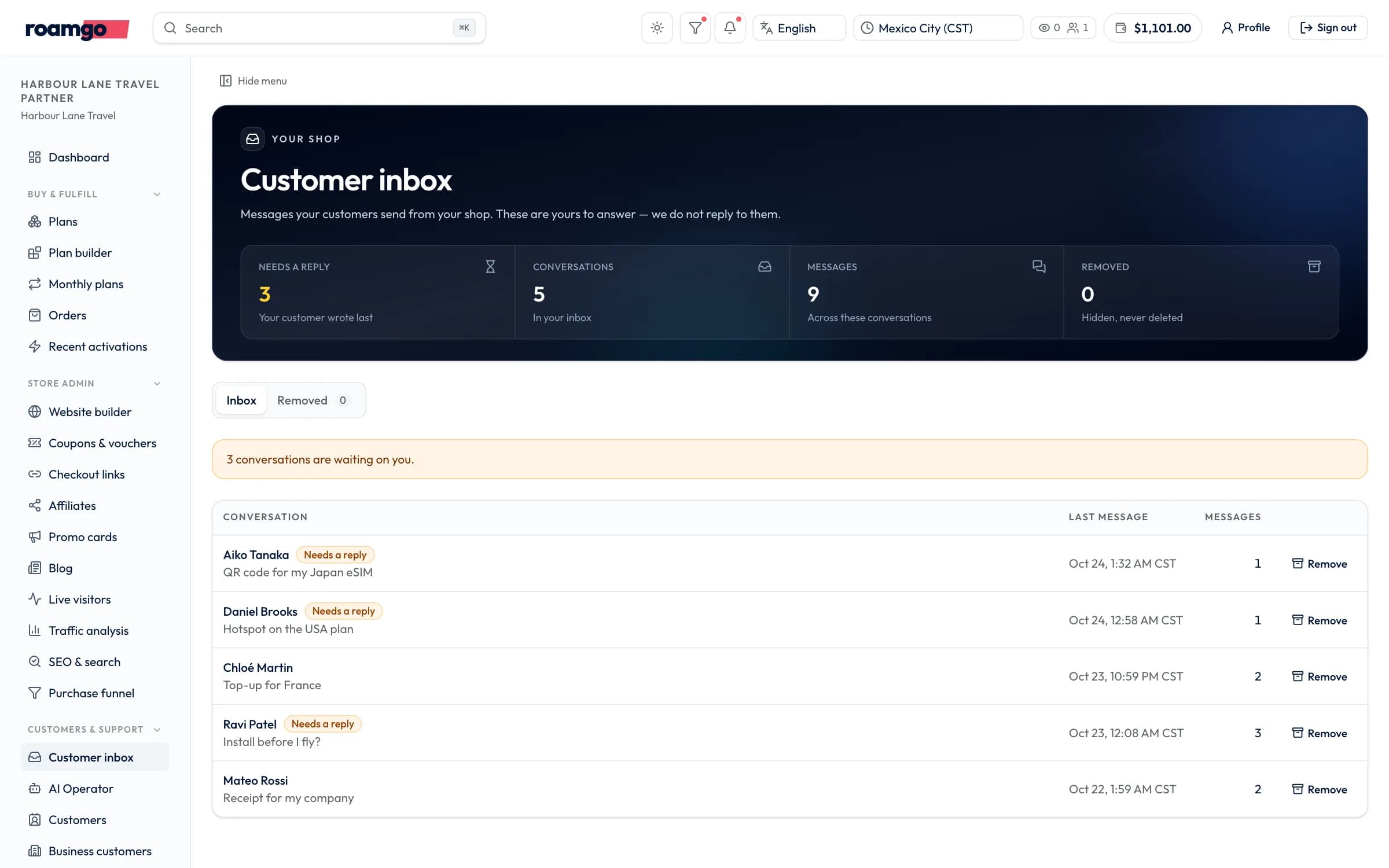 The Customer inbox listing shop customers' messages, with three marked as needing a reply