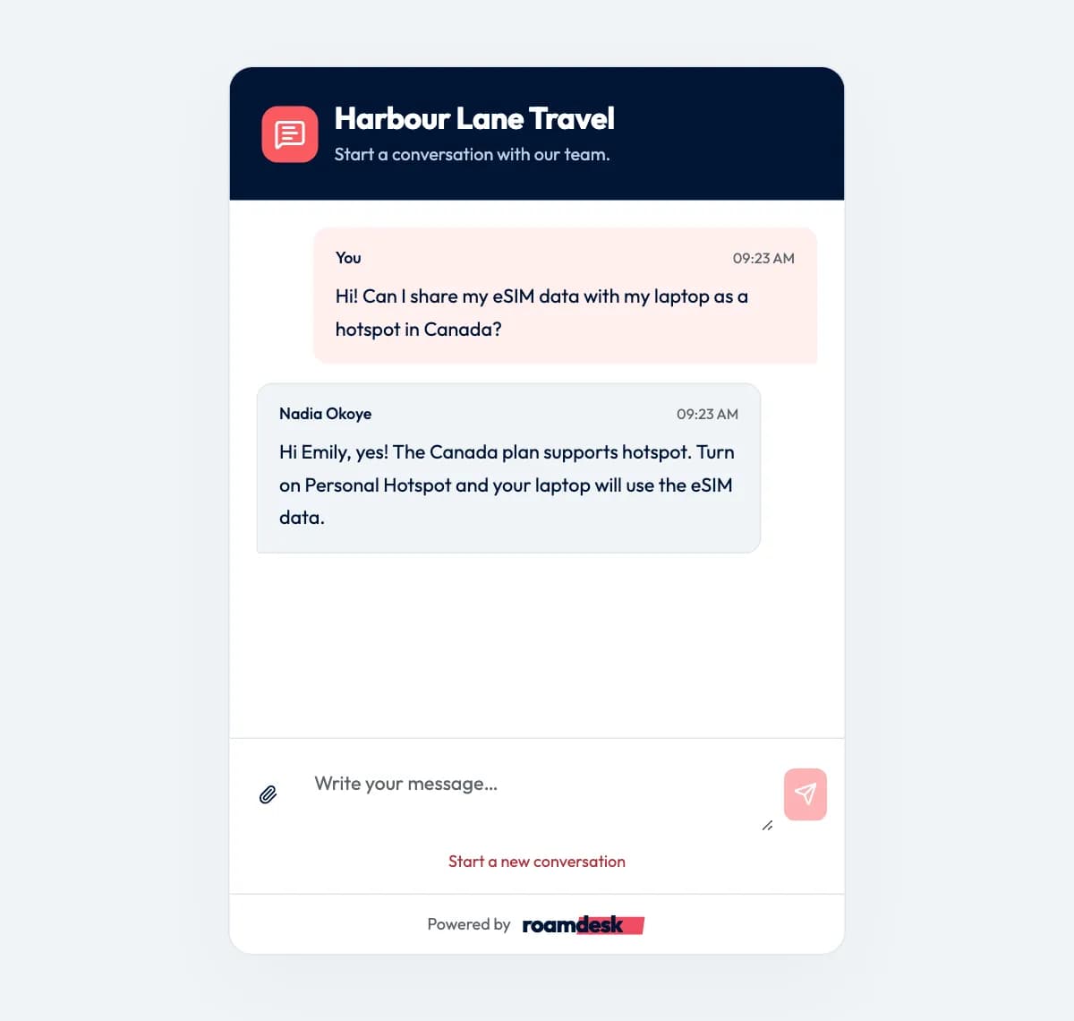 A live website chat in which a traveler asks about using a hotspot and a support agent answers