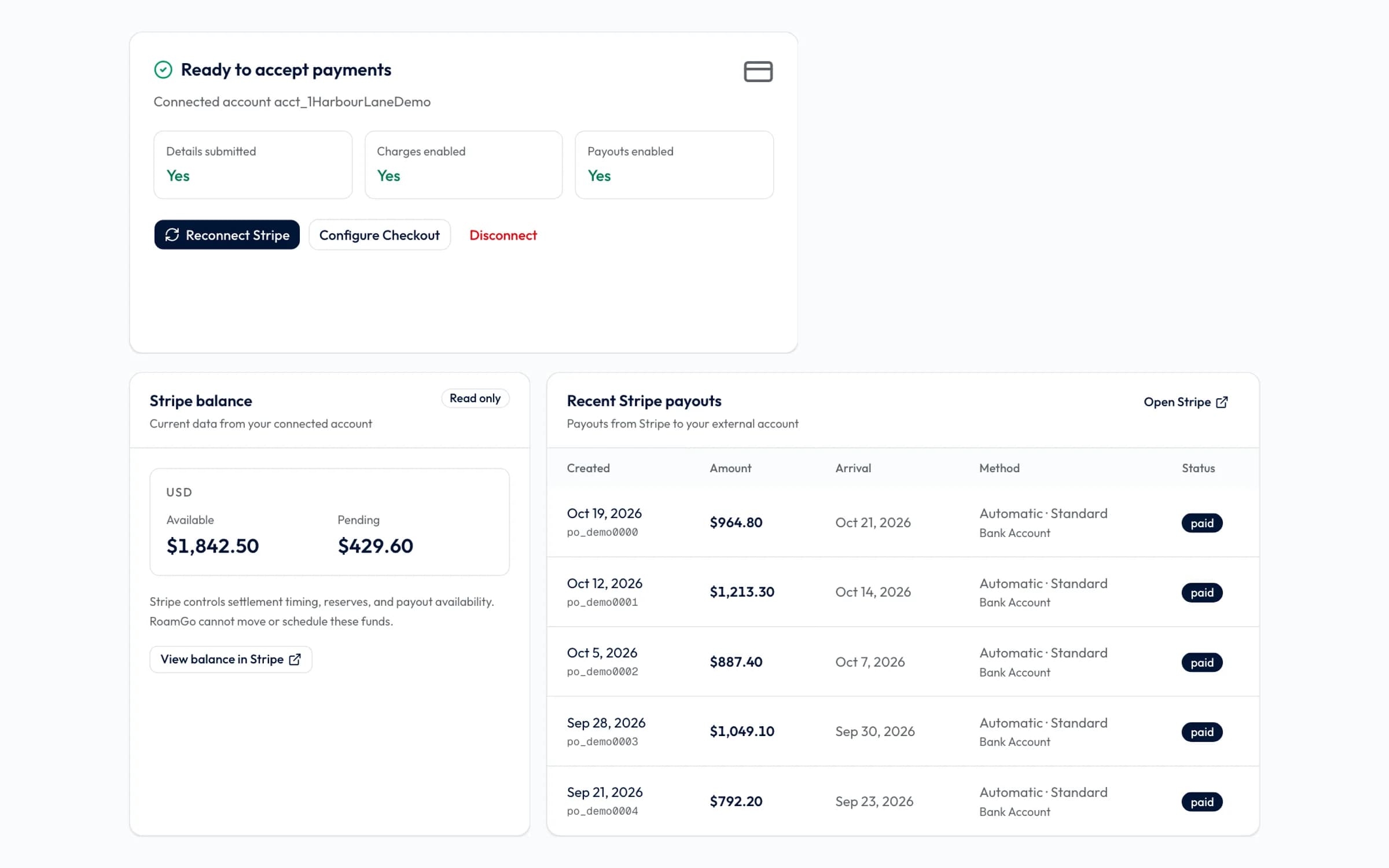 The Payments page showing a connected Stripe account ready to accept payments, its balance and recent payouts