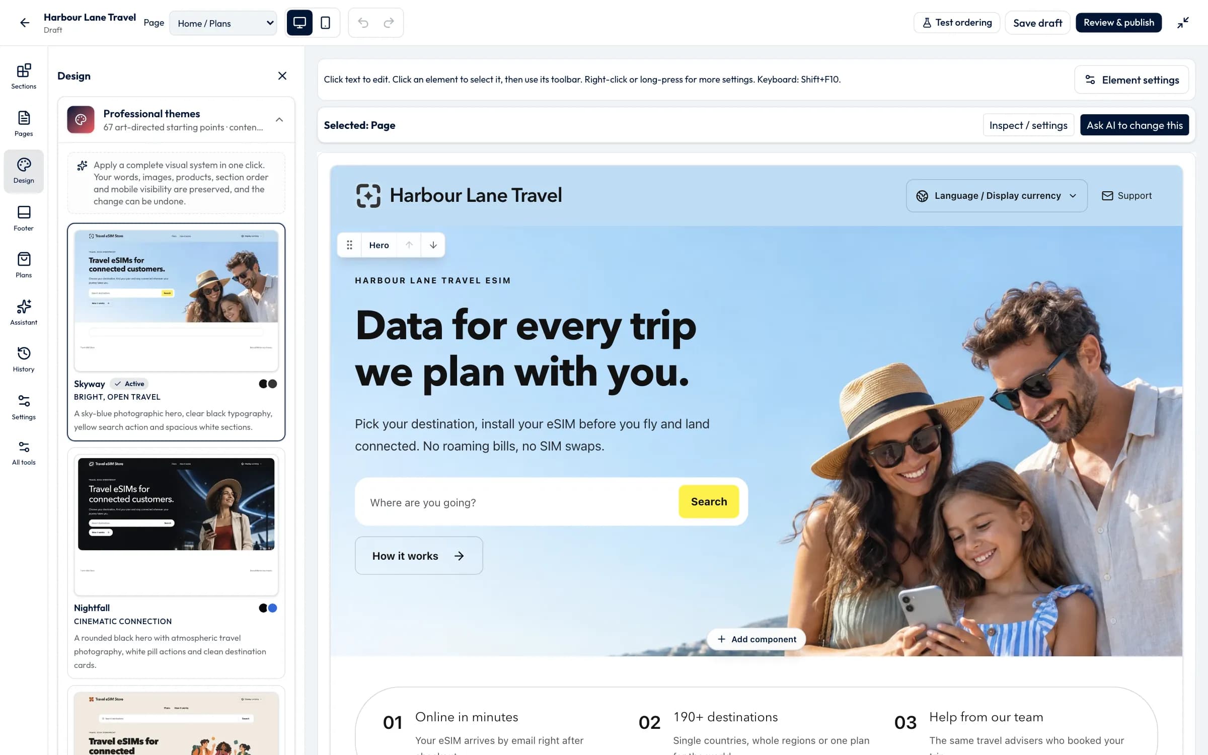 The website builder studio with the Design panel open on the theme gallery, next to a live preview of the Harbour Lane Travel shop