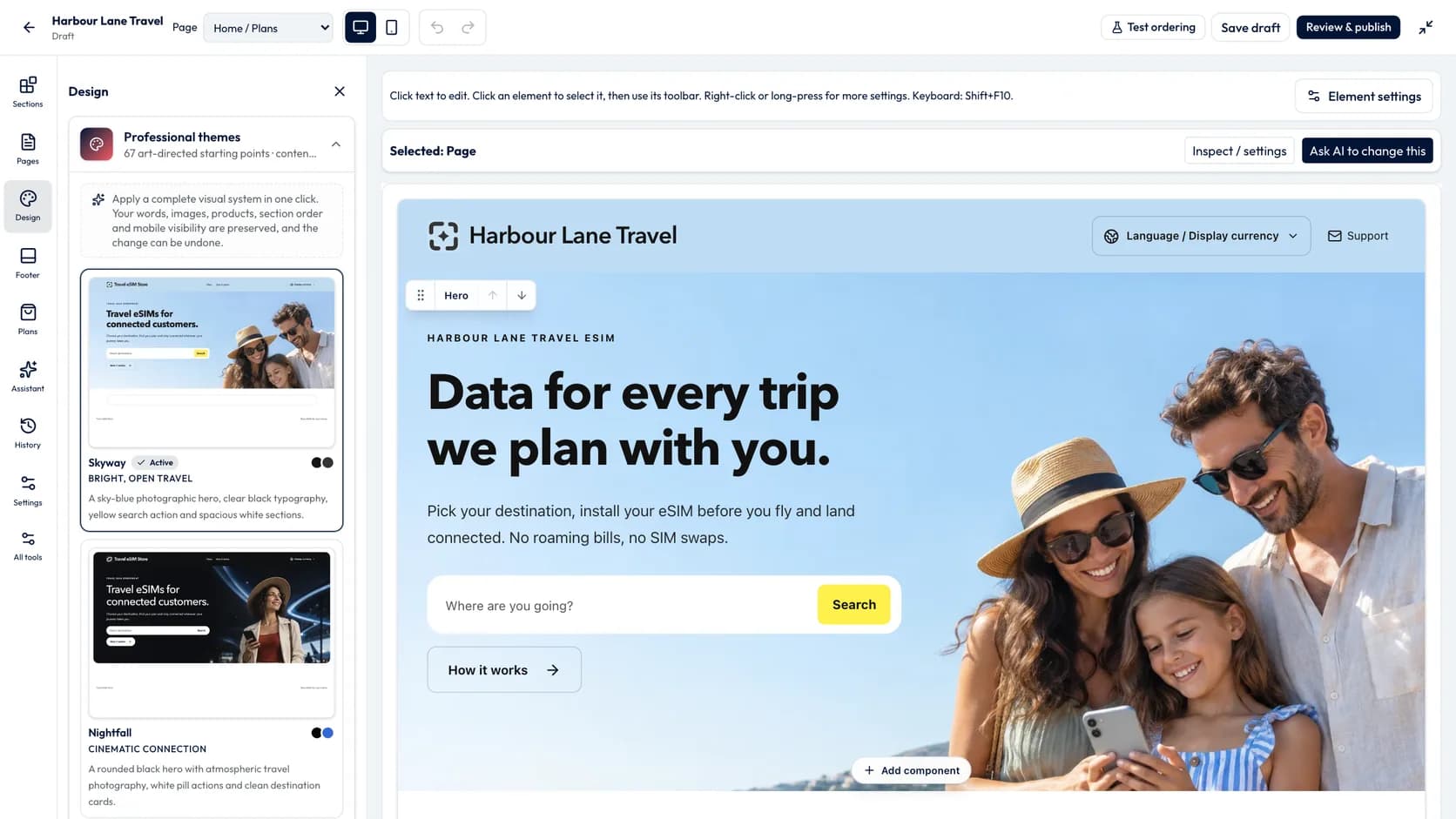 The RoamGo website builder with its theme gallery open, editing the shop of a fictional travel agency